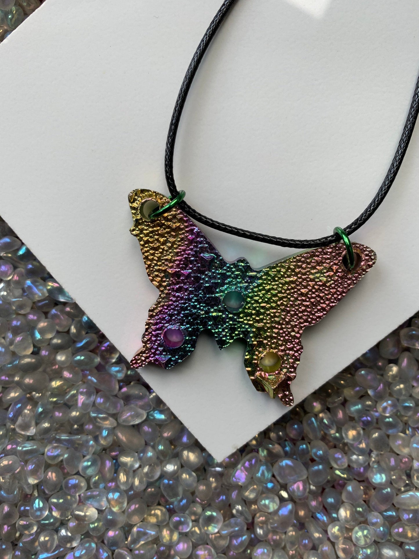 Rainbow Bismuth Crystal Butterfly Cut Out Metal Art Cord Necklace