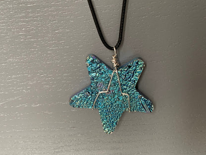Blue Bismuth Star Crystal Cut Out Metal Art Cord Necklace