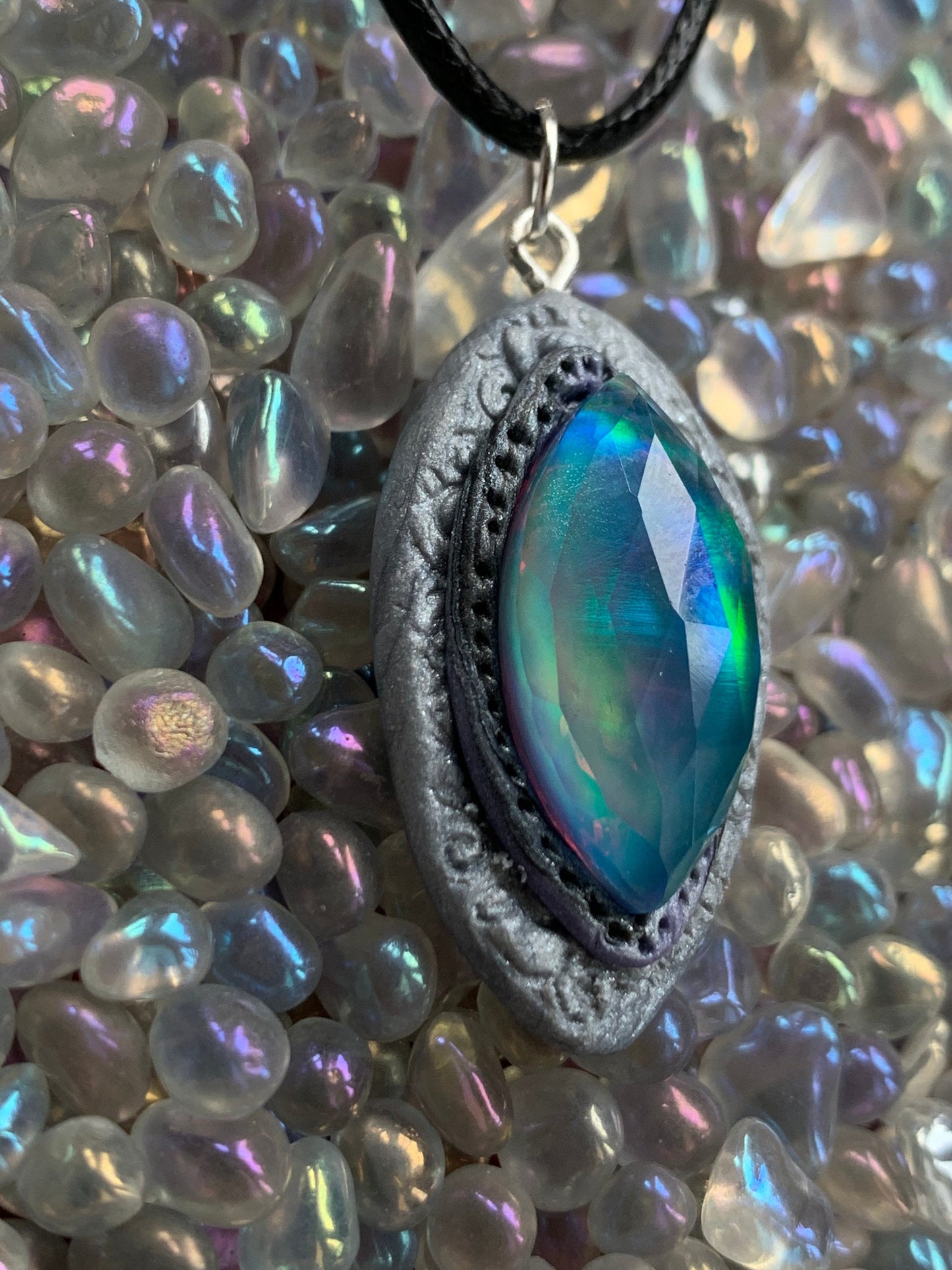 Aurora Opal Doublet Crystal Gemstone - Silver Oval - Necklace