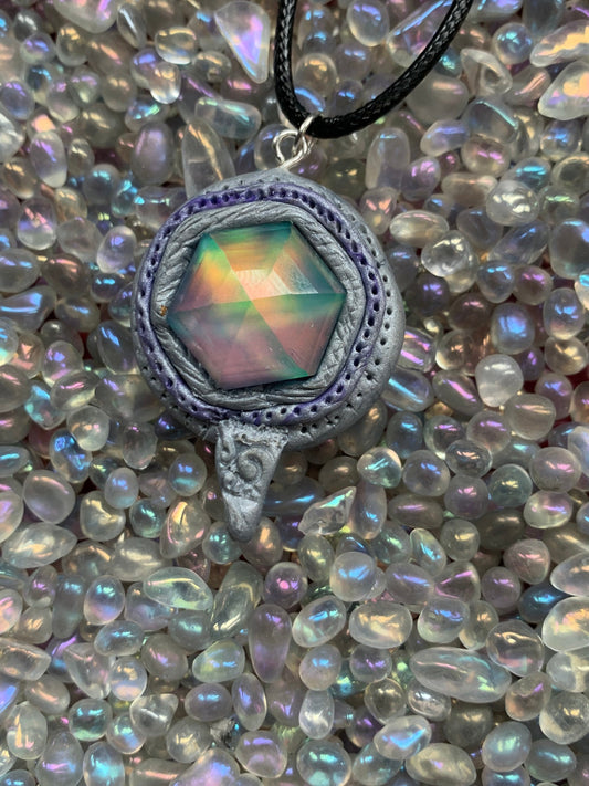 Aurora Opal Doublet Crystal Gemstone - Silver Lilac Hexagonal Dome - Necklace