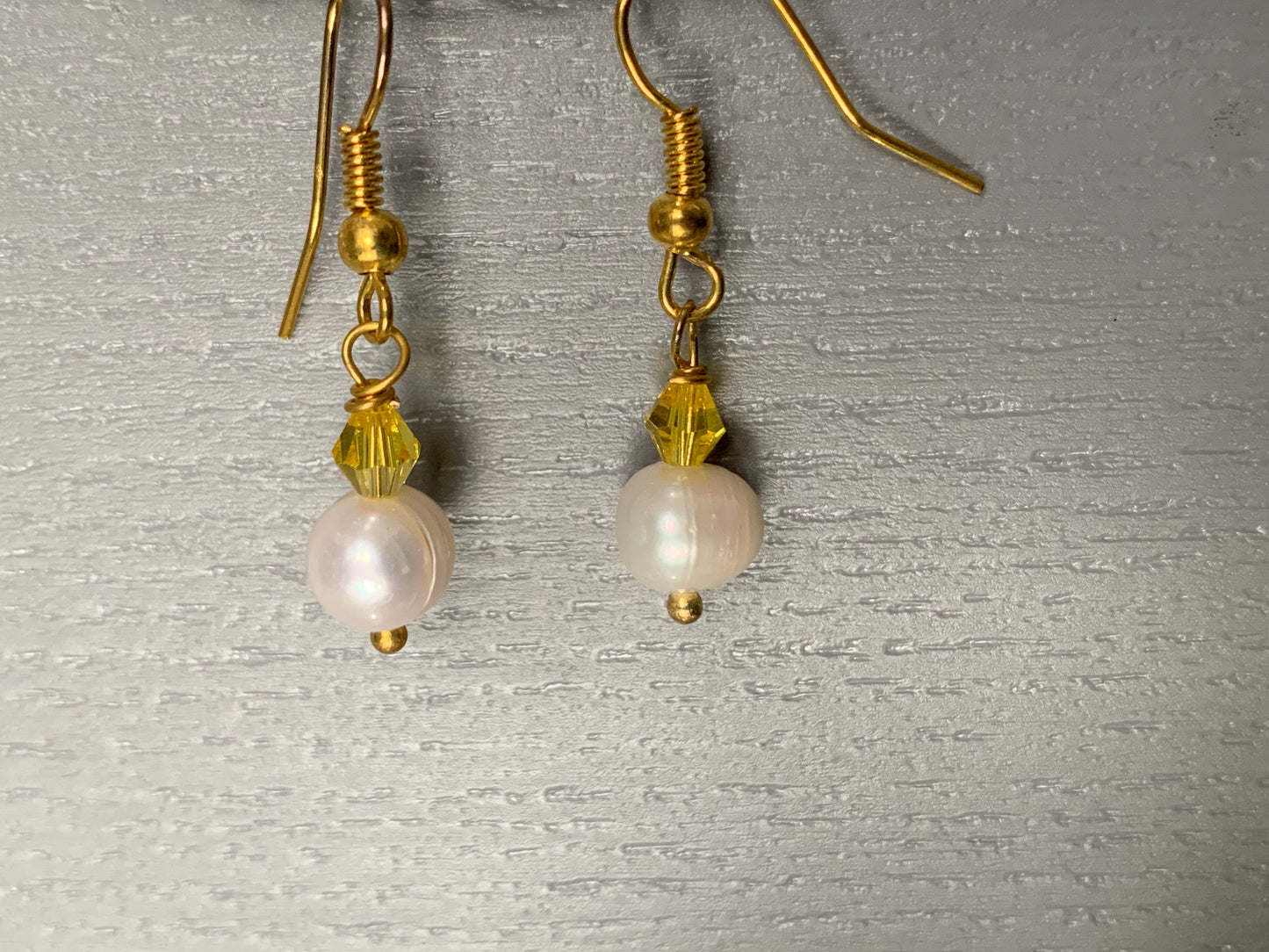 White Cultured Pearl Gemstone & Yellow Crystal Drop Earrings - Gold