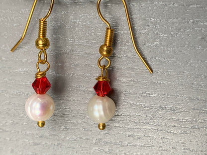 White Cultured Pearl Gemstone & Red Crystal Drop Earrings - Gold