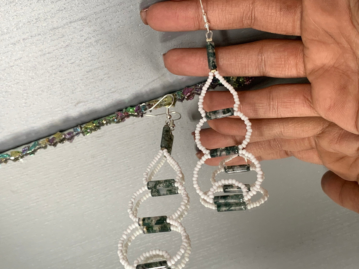 Moss Agate Gemstone Crystal White Weave Beaded Statement Earrings