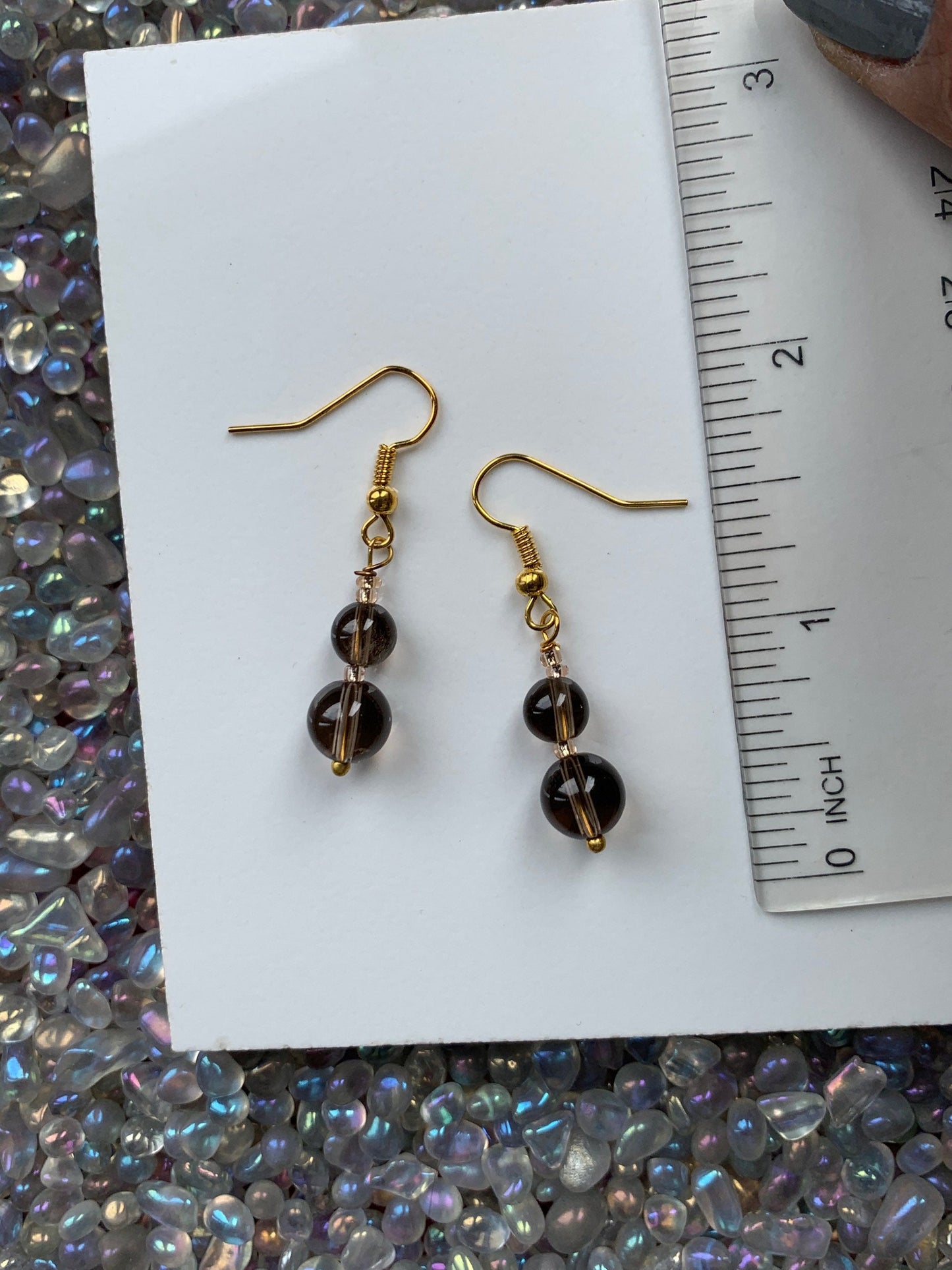 Smoky Quartz Gemstone Crystal Bead - Gold Drop Earrings