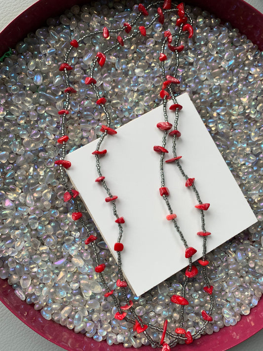 Red Coral Rough Gemstone Crystal - Silver Seed Bead Endless Necklace