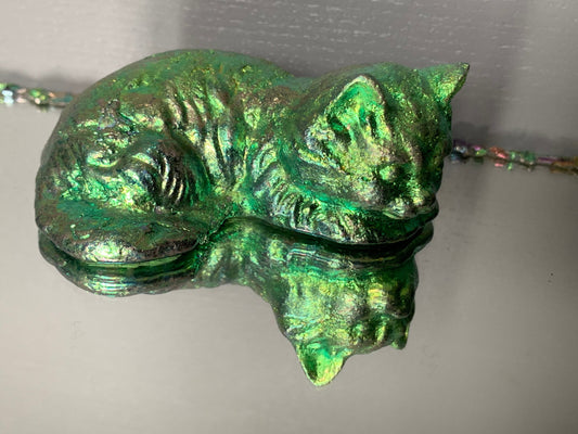 Green Bismuth Crystal Large Cat Metal Art Sculpture