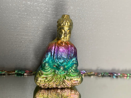 Rainbow Bismuth Crystal Tibetan Buddha Metal Art Sculpture