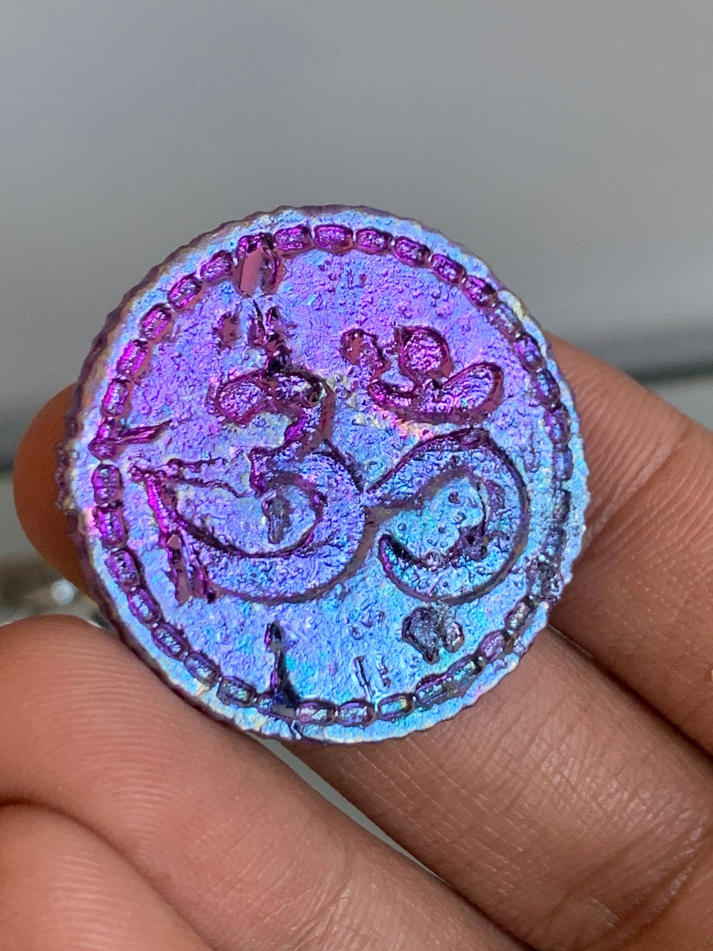 Purple Blue Bismuth Crystal Om Coin Metal Art Sculpture