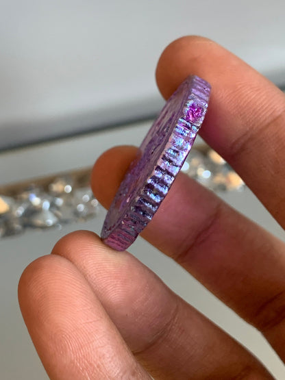 Purple Blue Bismuth Crystal Om Coin Metal Art Sculpture