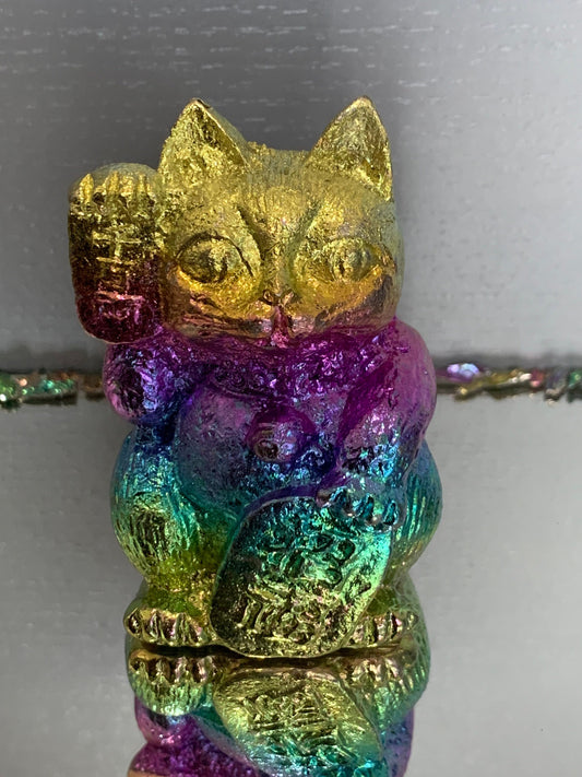 Rainbow Bismuth Crystal Lucky Cat Metal Art Sculpture