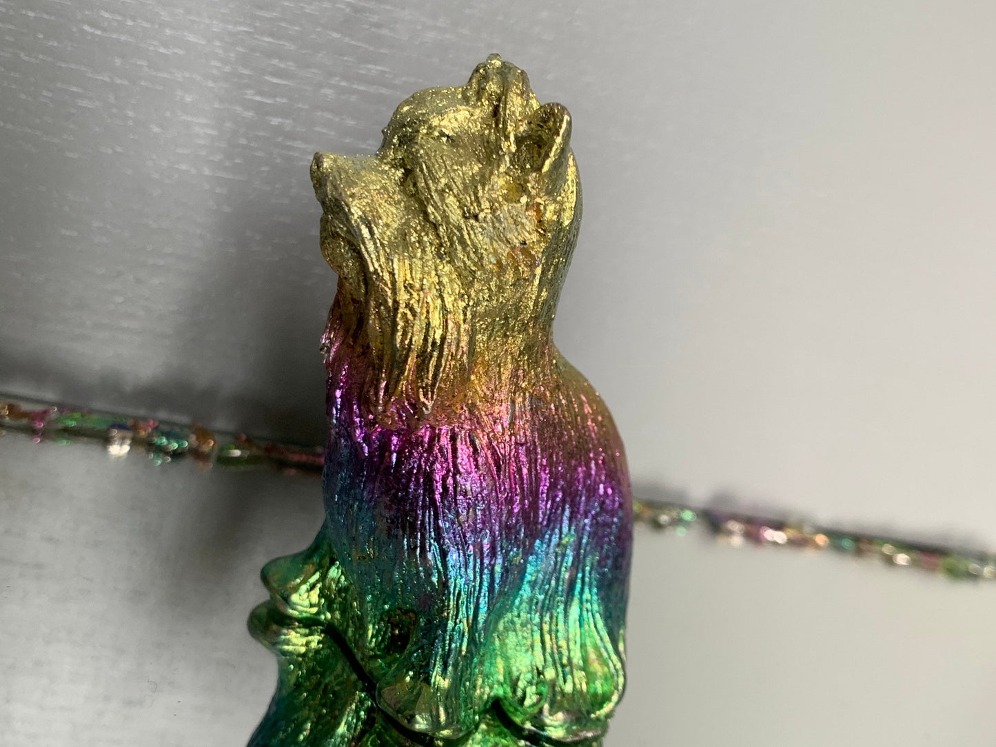 Rainbow Bismuth Crystal Yorkshire Terrier Dog Metal Art Sculpture