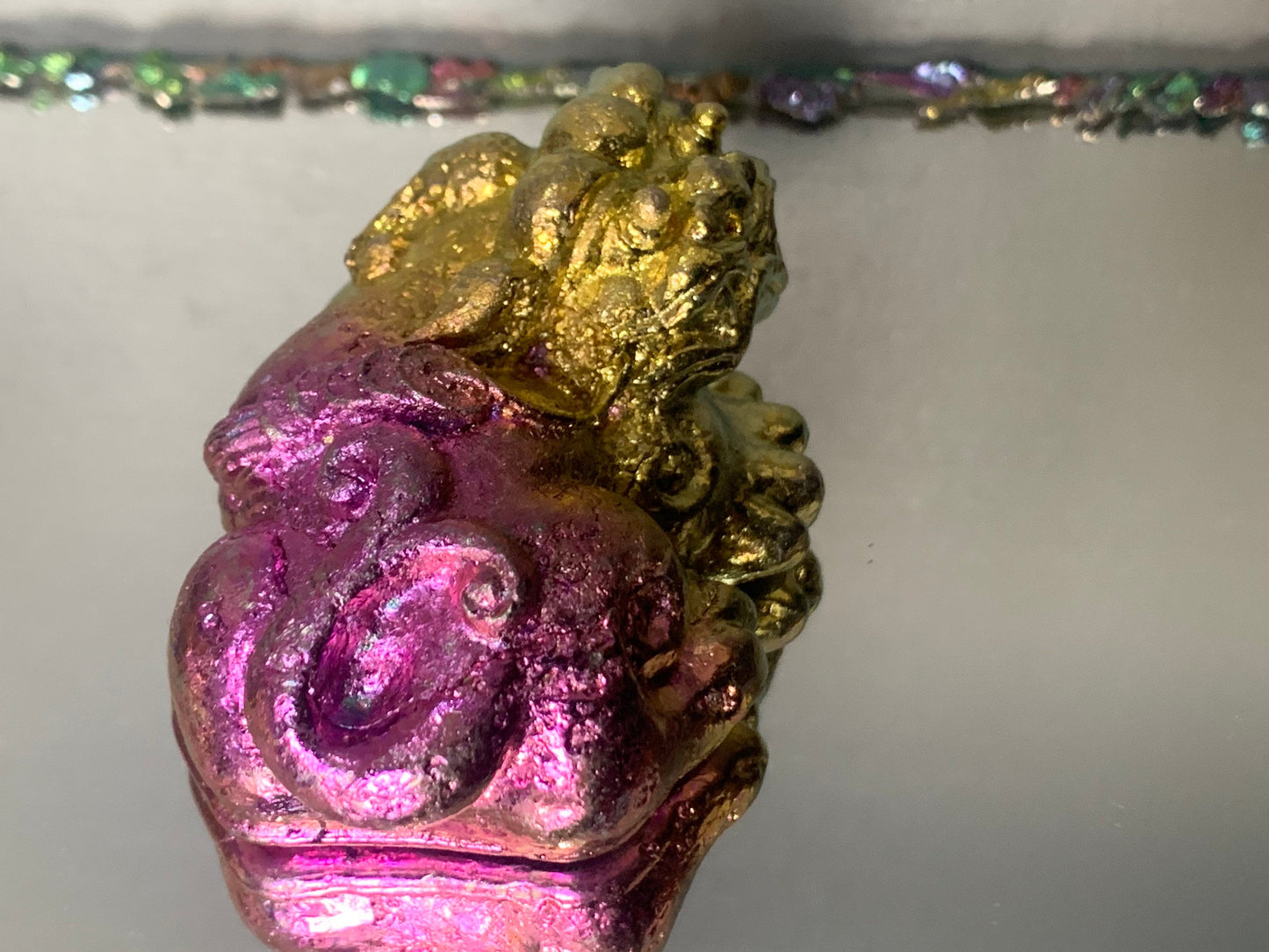 Gold Pink Bismuth Crystal Chinese Foo Dog (LEFT SIDE) - Metal Art Sculpture