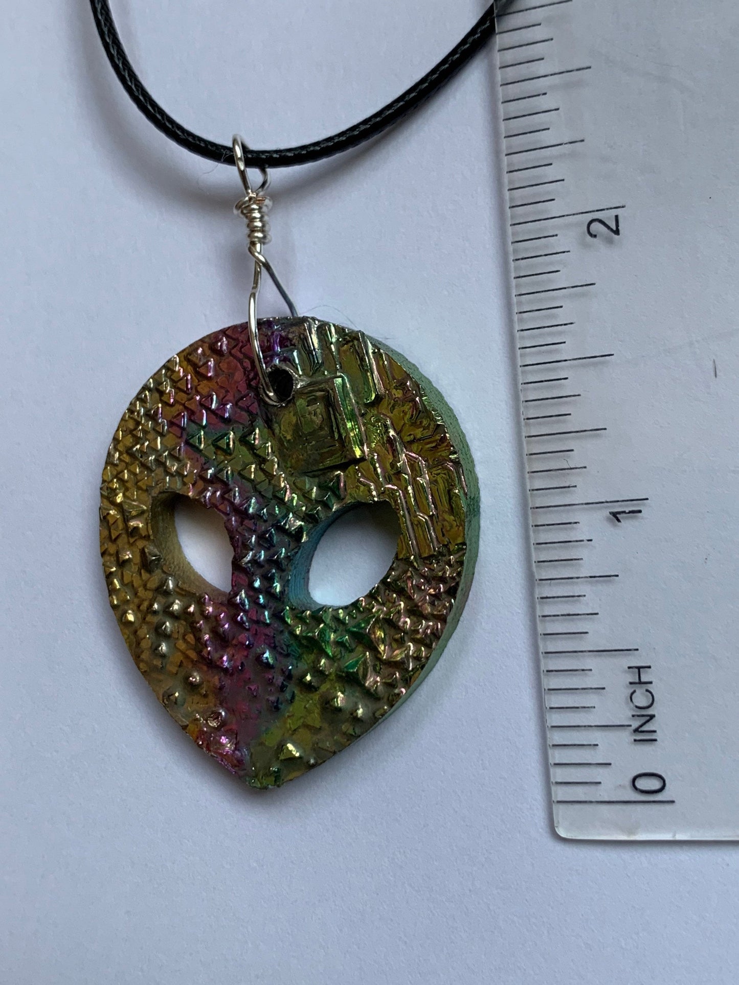 Alien Rainbow Bismuth Crystal Cut Out Metal Art Cord Necklace