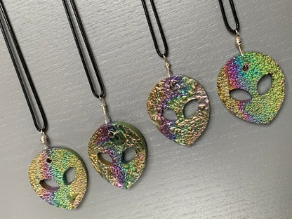 Alien Rainbow Bismuth Crystal Cut Out Metal Art Cord Necklace