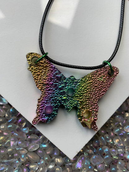 Rainbow Bismuth Crystal Butterfly Cut Out Metal Art Cord Necklace