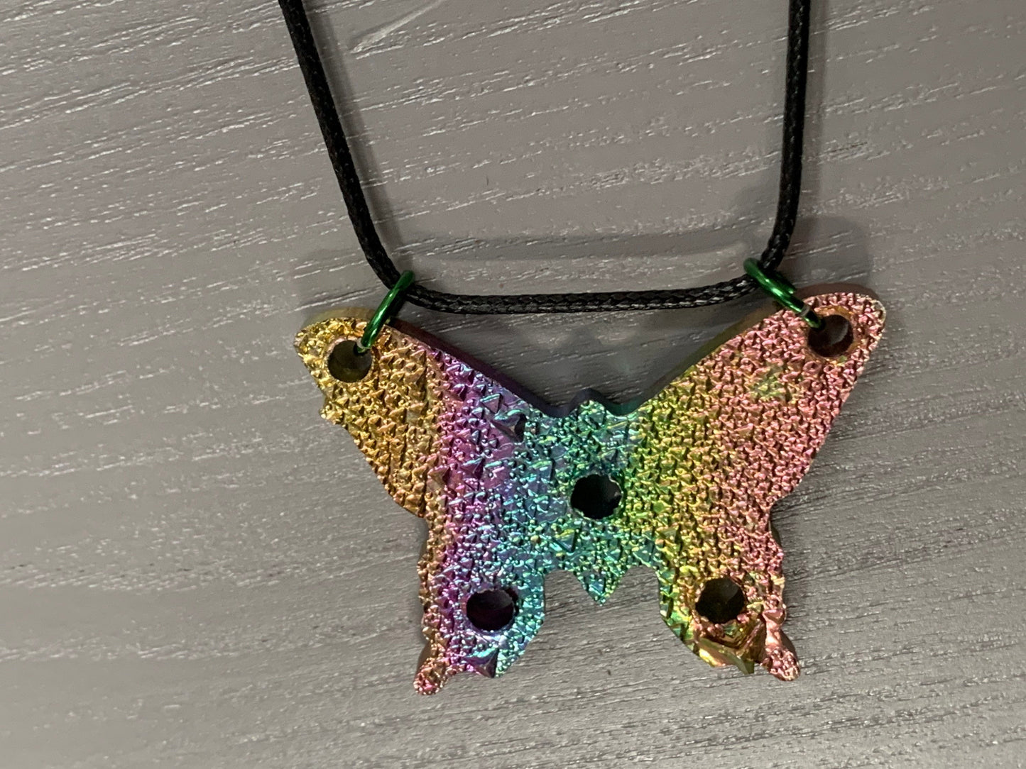 Rainbow Bismuth Crystal Butterfly Cut Out Metal Art Cord Necklace