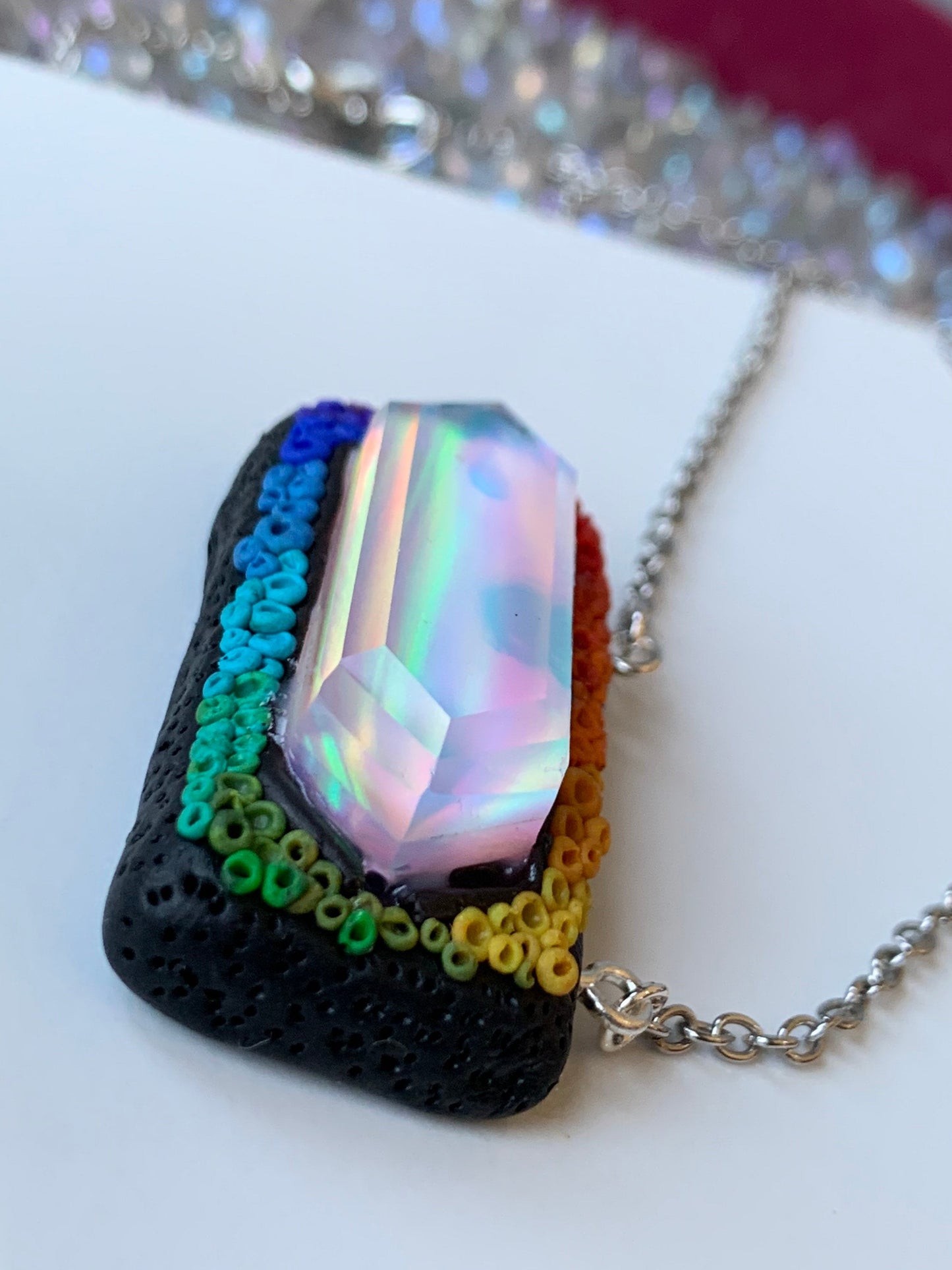 Elongated Aurora Opal Doublet Crystal Gemstone - Rainbow Coral Necklace