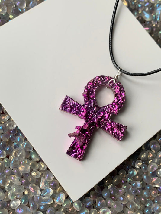 Pink Bismuth Ankh Crystal Cut Out Metal Art Necklace