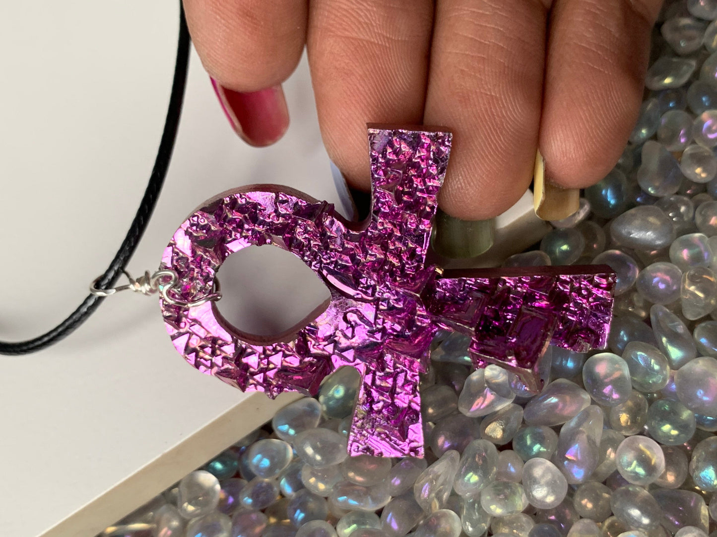 Pink Bismuth Ankh Crystal Cut Out Metal Art Necklace