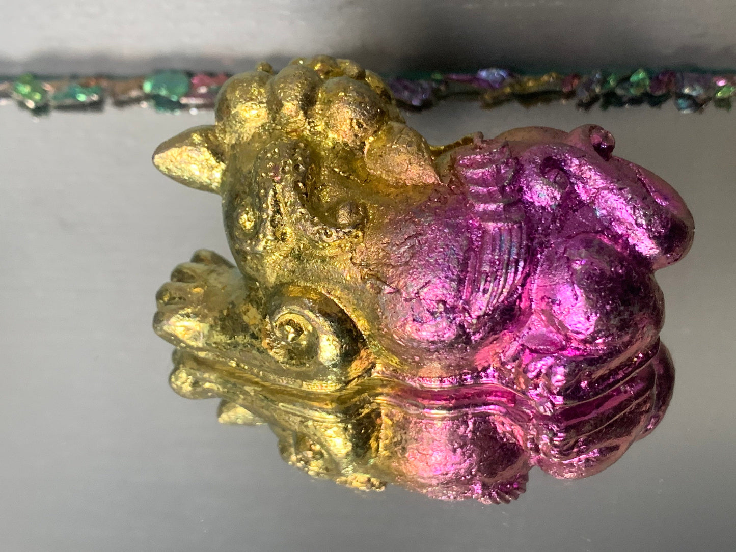Gold Pink Bismuth Crystal Chinese Foo Dog (LEFT SIDE) - Metal Art Sculpture