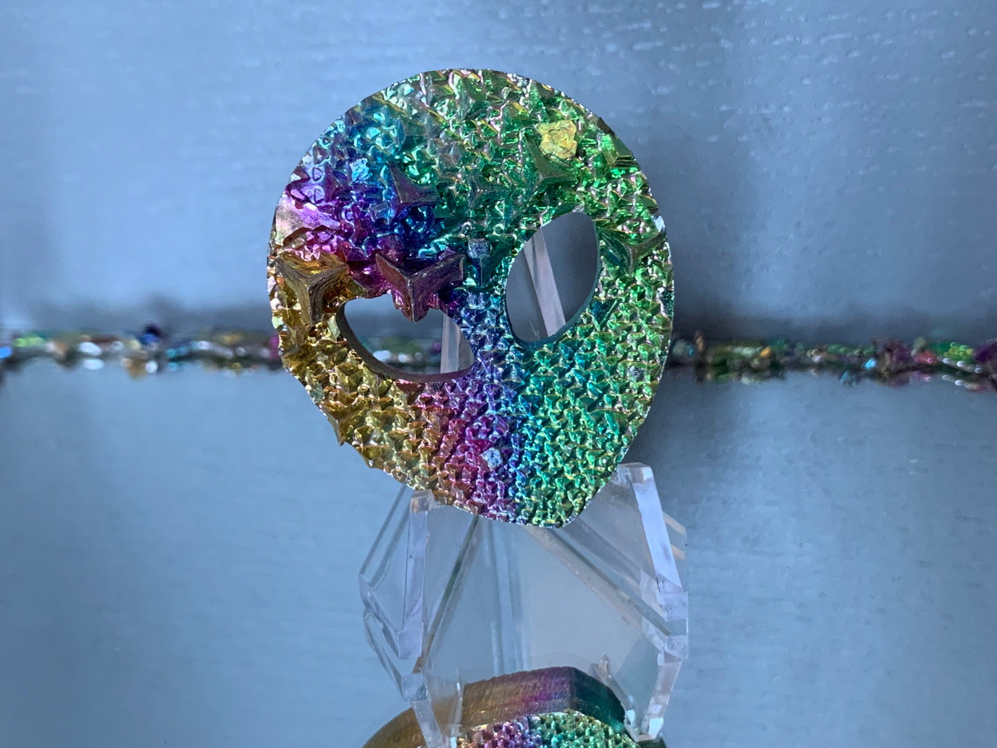 Rainbow Bismuth Crystal Alien Cut Out Metal Art