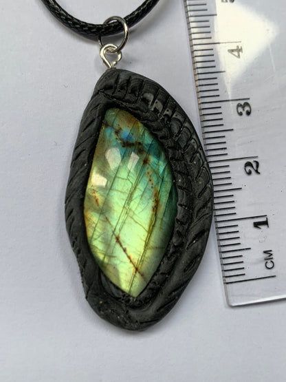 Labradorite Crystal Gemstone Pendant Black Clay Necklace