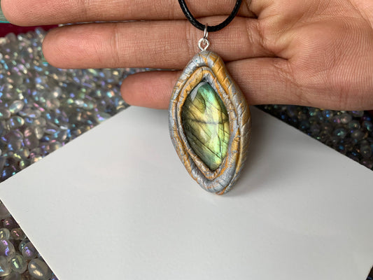 Labradorite Crystal Gemstone Pendant Gold Silver Clay Necklace