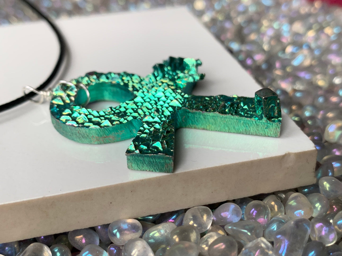 Teal Green Bismuth Crystal Metal Art Necklace - Ankh