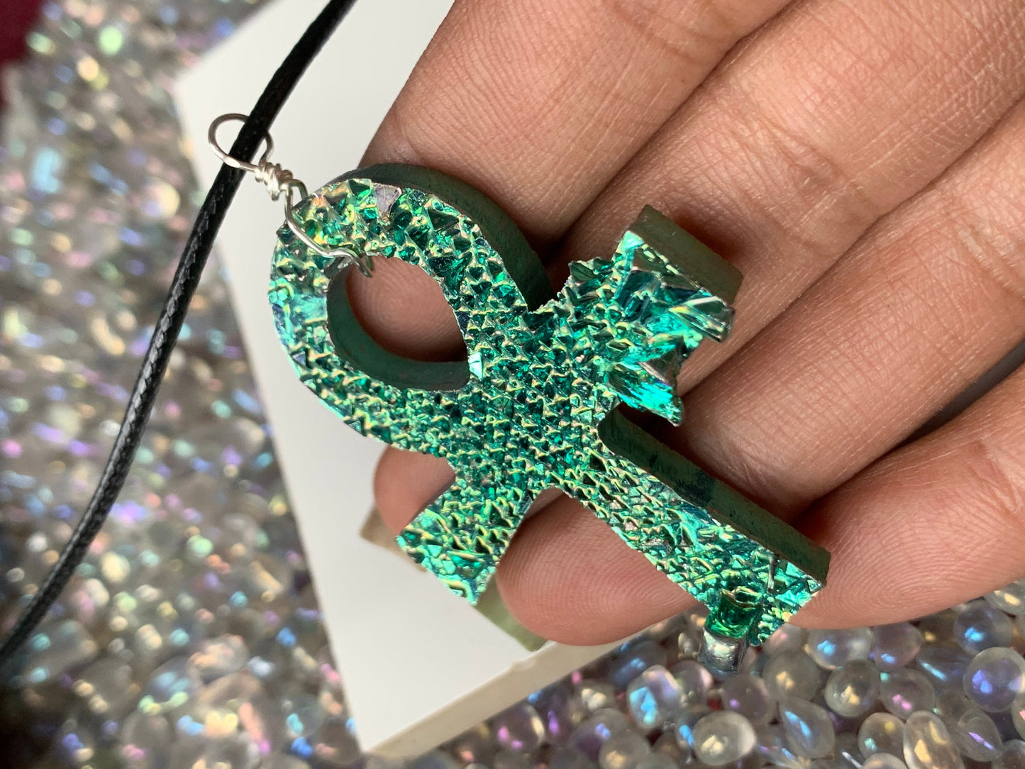 Teal Green Bismuth Crystal Metal Art Necklace - Ankh