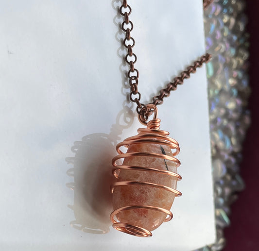Sunstone Gemstone Crystal Spiral Copper Wire wrapped Necklace
