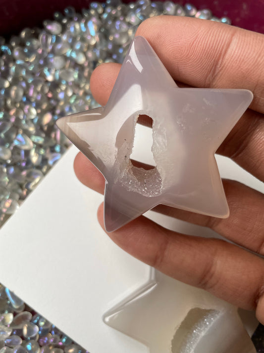 Grey White Druzy Agate Crystal Star Carving