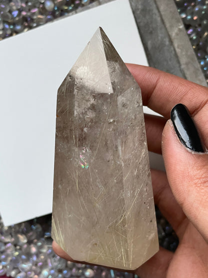 Silver Rutile Smoky Quartz UV Crystal Gemstone Tower Point (2)