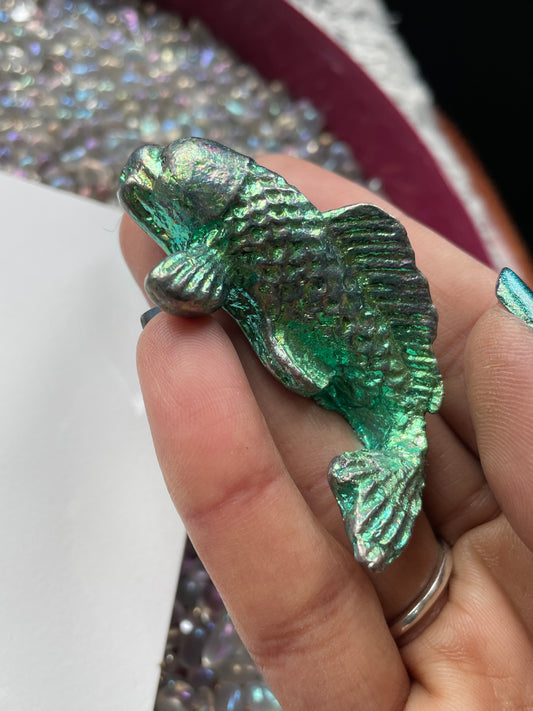 Teal Blue Bismuth Crystal Small Kio Fish Metal Art Sculpture
