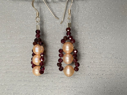 Rhodolite Garnet & Pearl Crystal Gemstone 925 Floating Weave Earrings