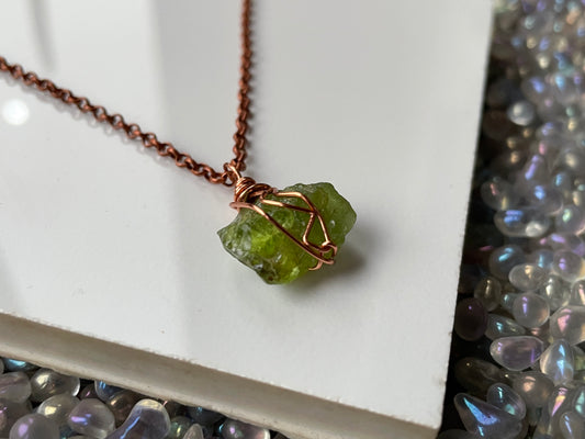 Peridot Rough Gemstone Crystal Wire Wrap Necklace