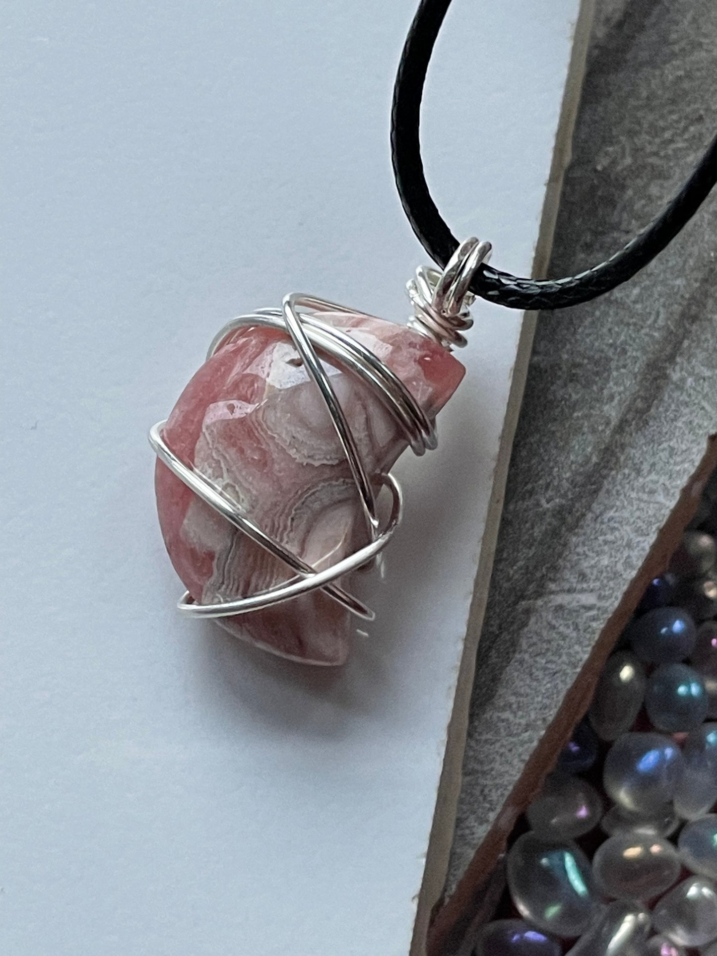 Rhodochrosite Moon Crystal Gemstone Wire Wrap Necklace