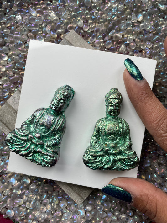 Blue Teal Bismuth Crystal Tibetan Buddha Metal Art Sculpture