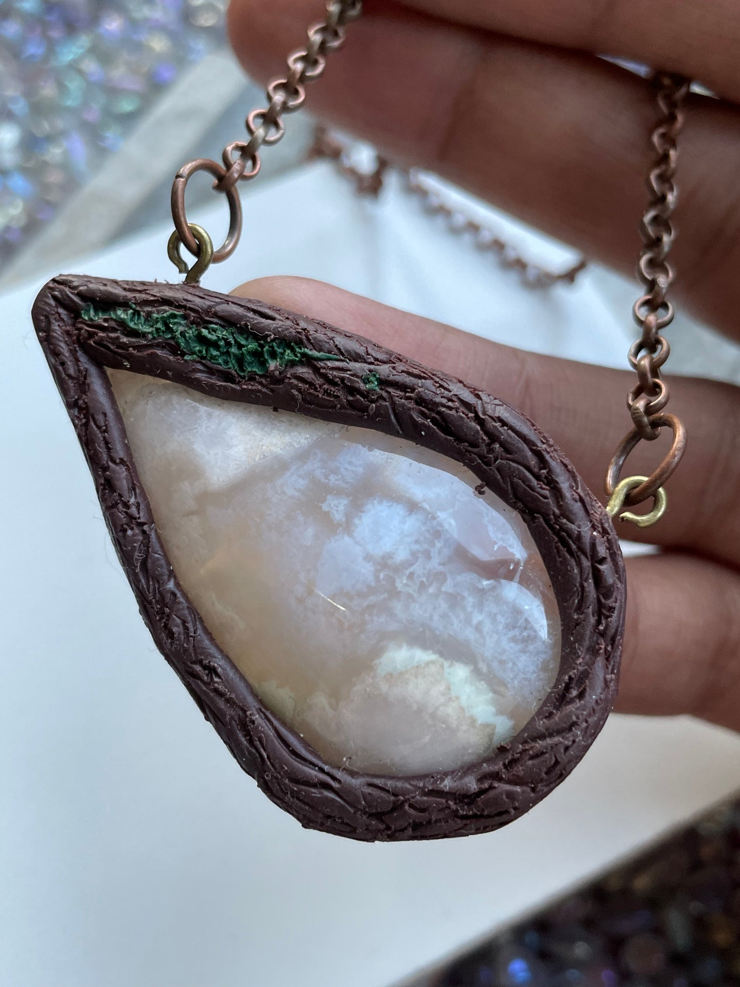 Flower Agate Crystal Gemstone Amulet Enchanted Forest Necklace (2)