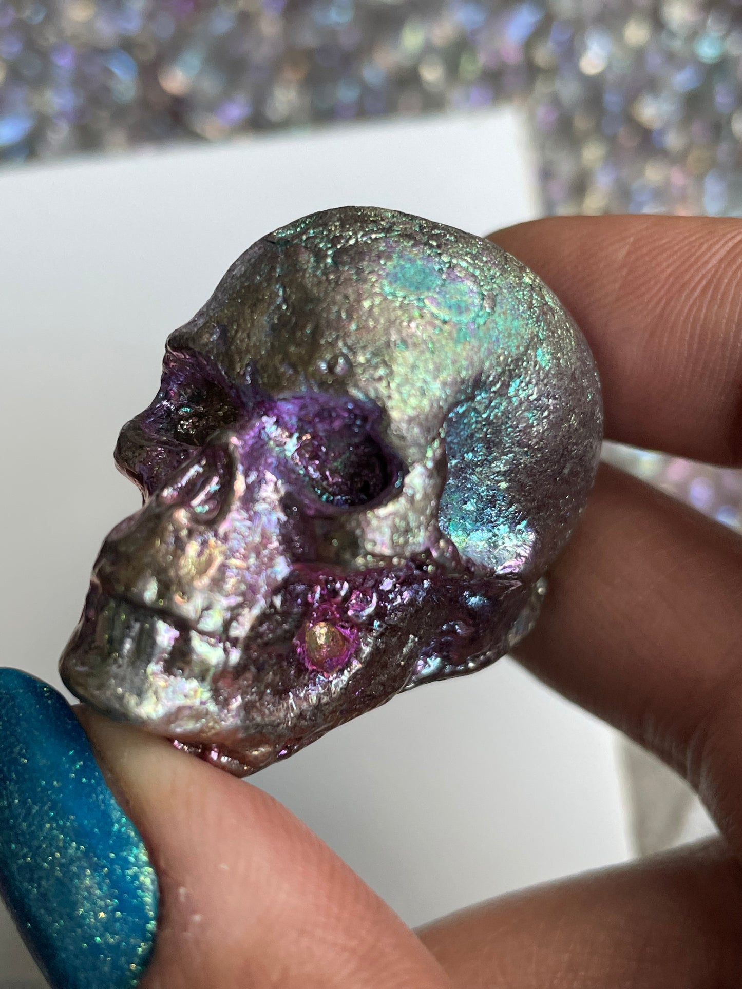 Blue Pink Bismuth Crystal Small Skull Metal Art Sculpture