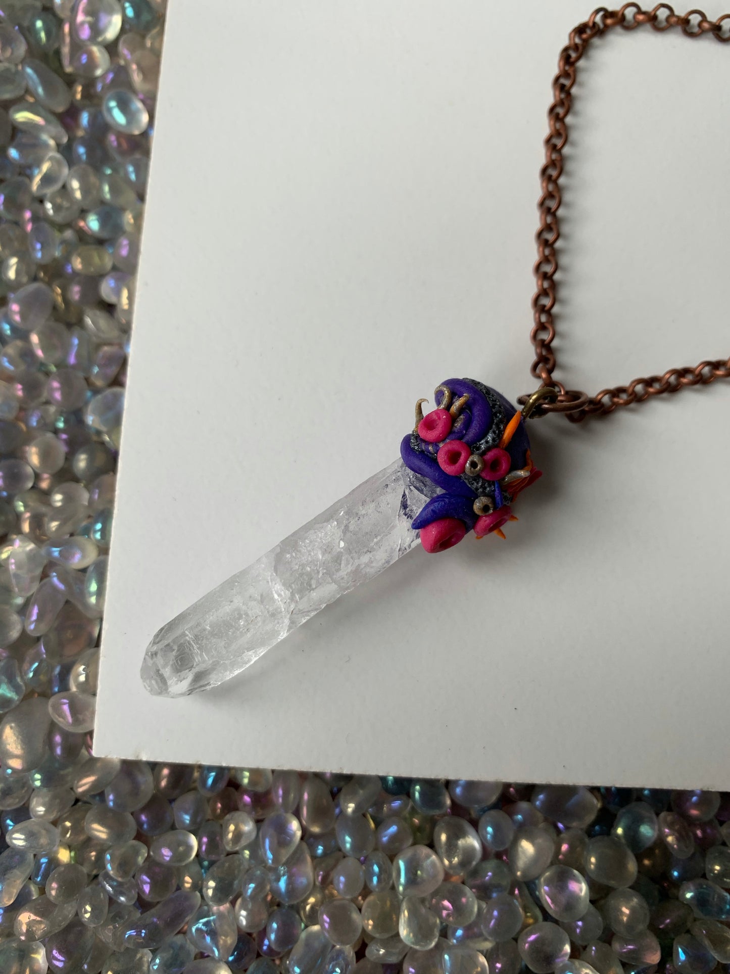 Lemurian Quartz Crystal Gemstone - Crown Chakra Coral Necklace