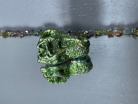 Green Bismuth Crystal Small T. rex Skull Metal Art Sculpture