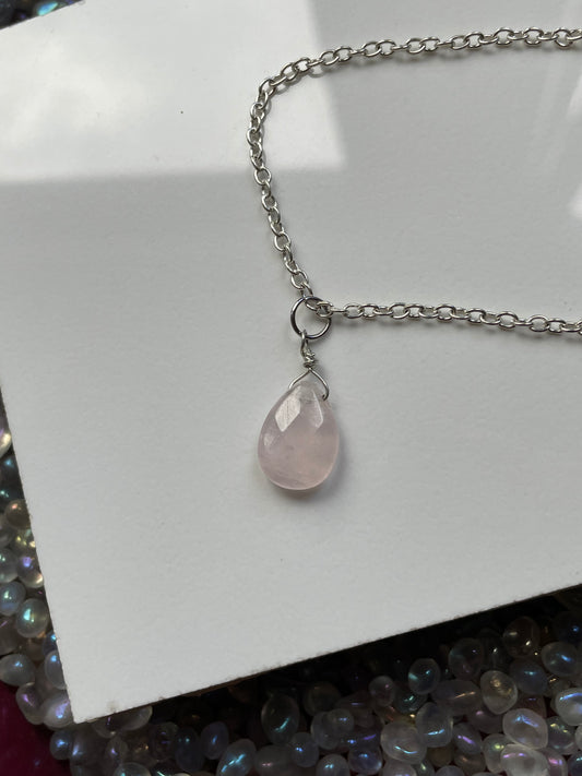 Rose Quartz Crystal Gemstone Faceted Drop Silver Necklace