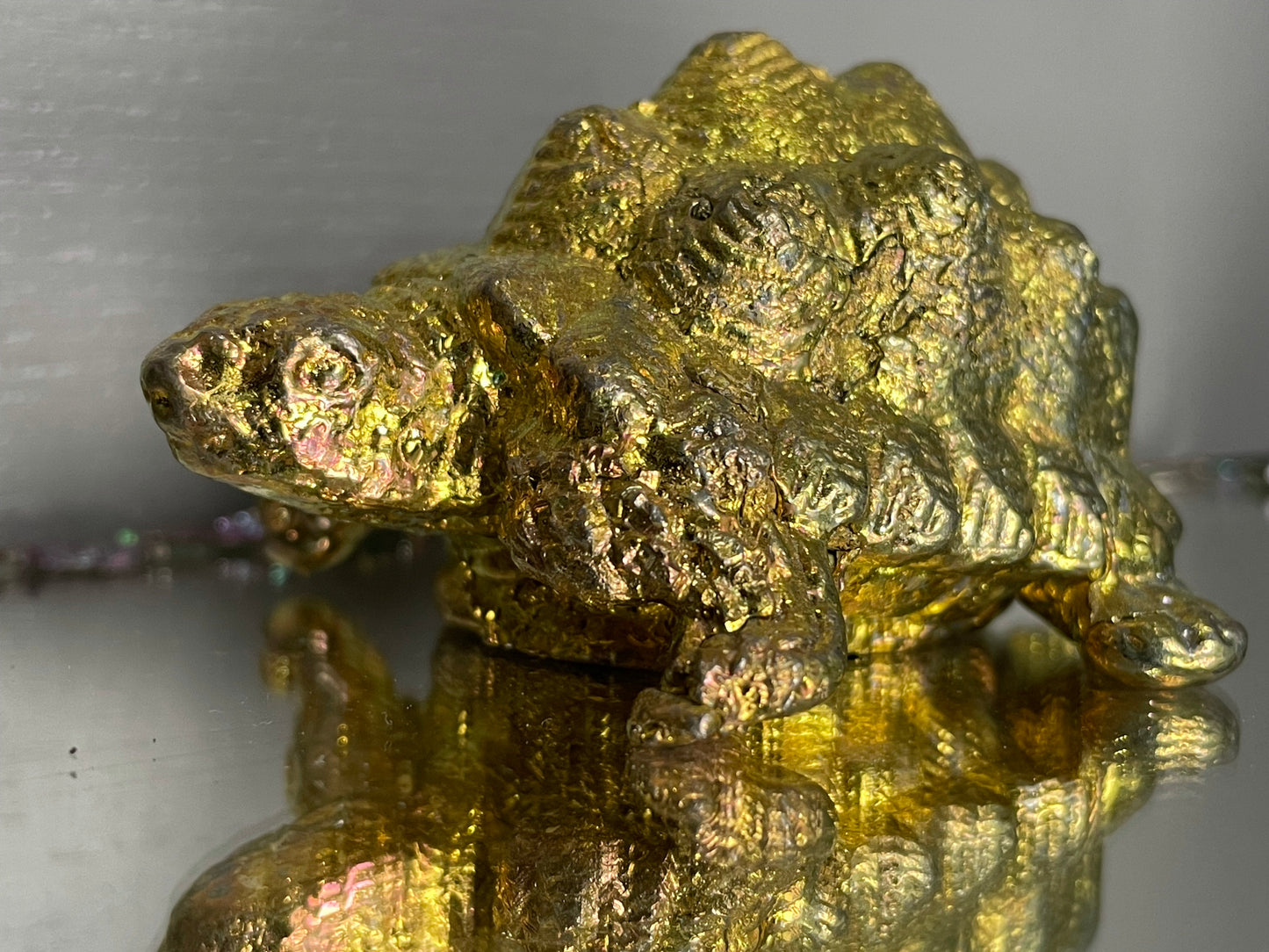 Gold Bismuth Crystal Large Horn Shelled Turtle Metal Art Sculpture
