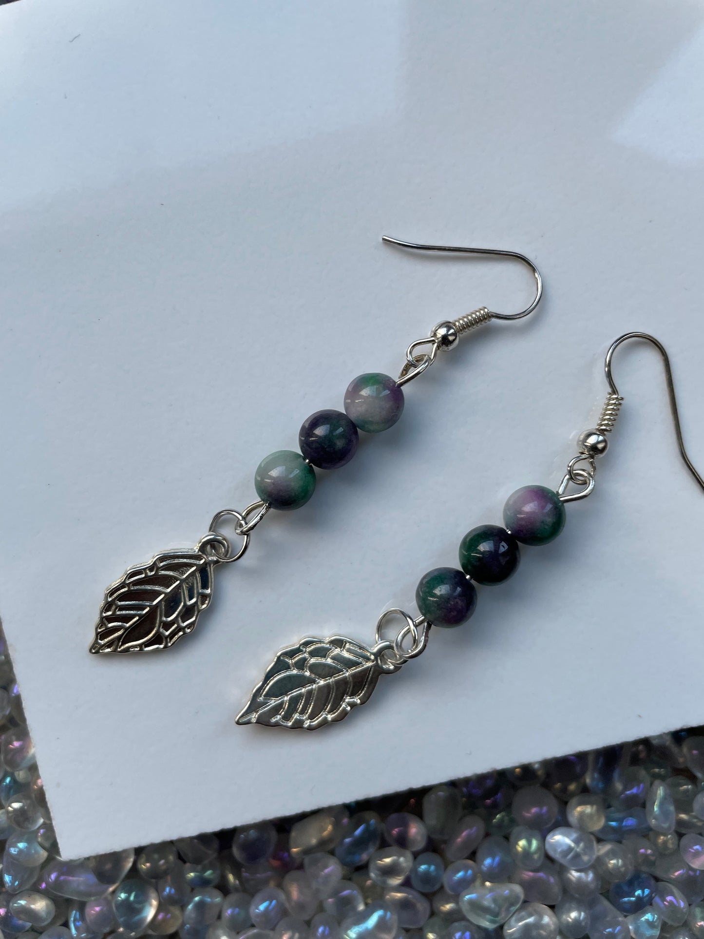 Green Purple Dyed Quartz Crystal Gemstone Leaf Silver Drop Earrings