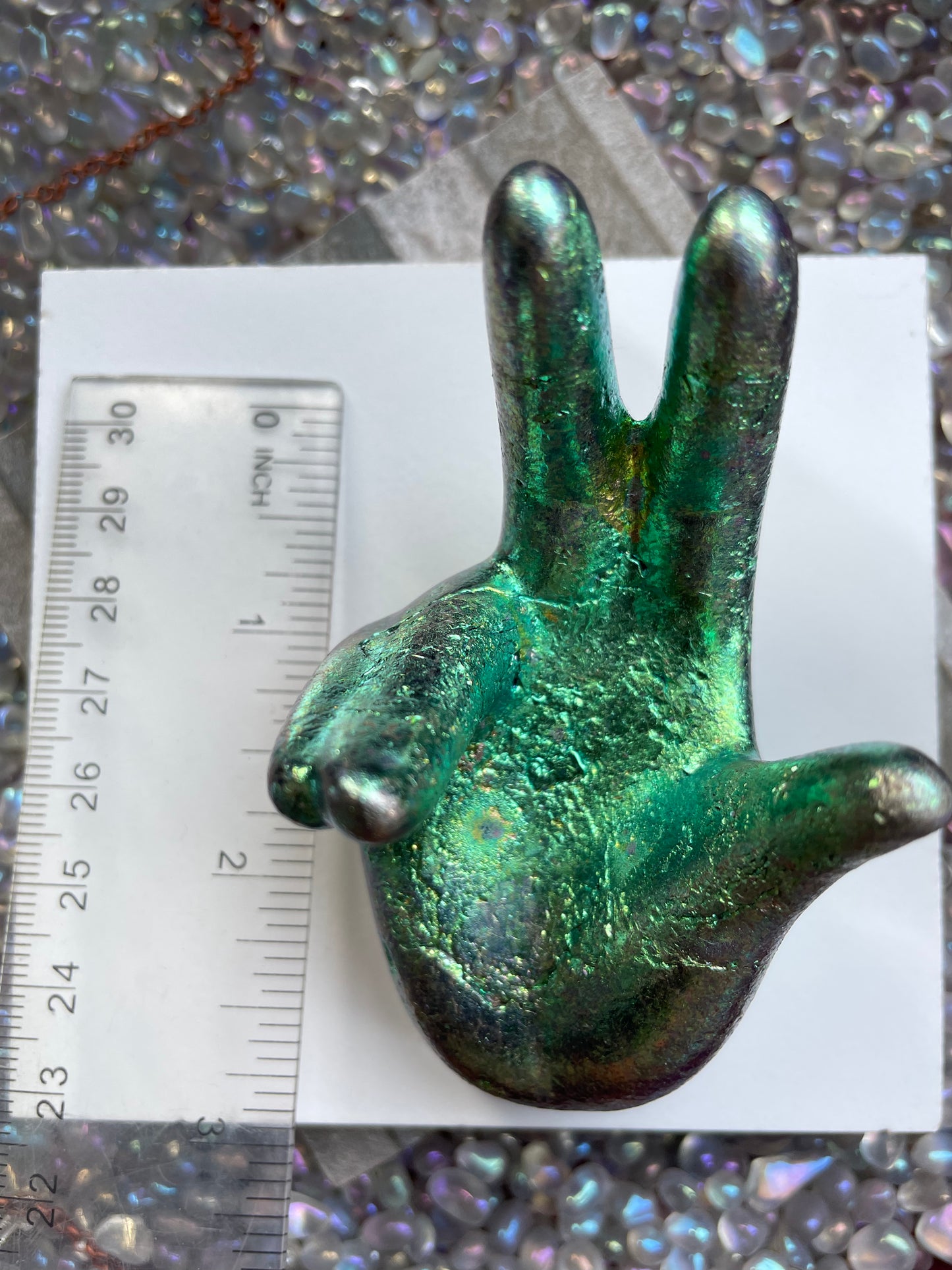 Blue Teal Bismuth Crystal Hand Sphere Holder - Metal Art Sculpture