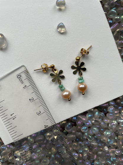 Emerald & Peach Pearl Crystal Gemstone 925 Gold Earrings