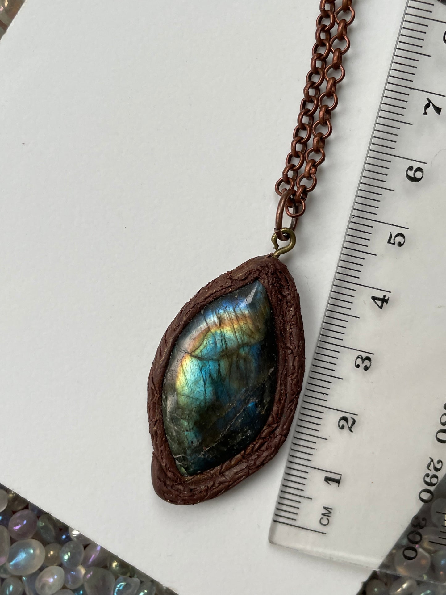 Labradorite Crystal Gemstone Wooden Clay Pendant Necklace