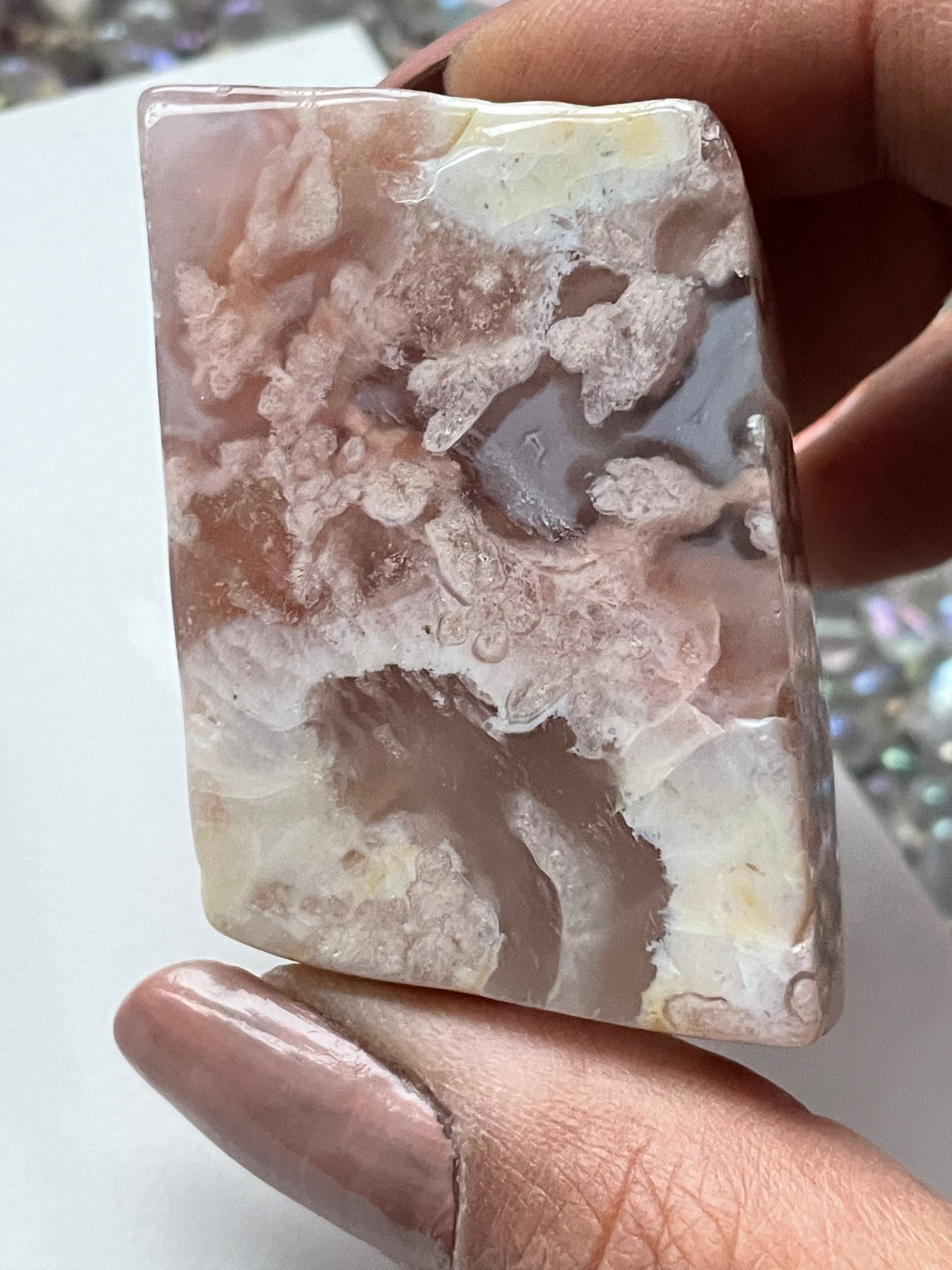 Pink Flower Agate Crystal Gemstone Rhombus Freeform Carving