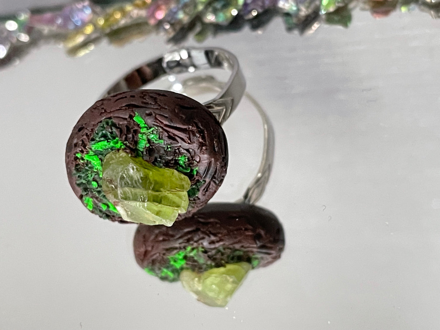 Peridot Crystal Gemstone Enchanted Forest Adjustable Ring - Silver