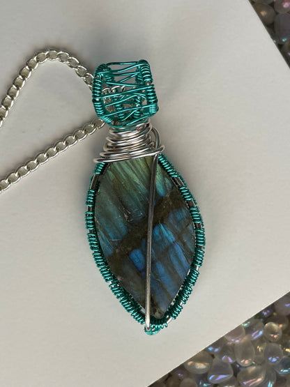 Blue Gold Labradorite Crystal Gemstone Turquoise Wire Necklace